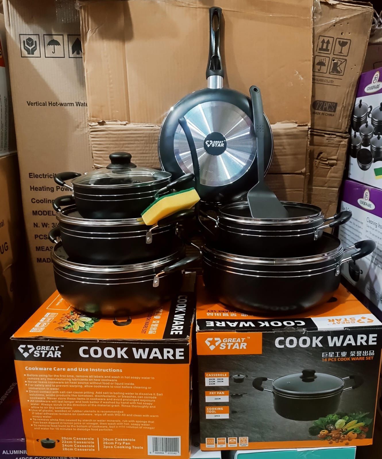 Great star 14pc Black cookware set
✅20/22/24/28/30cm pots
✅ 26cm frying pan
✅Two cooking spoons &one scotch bright