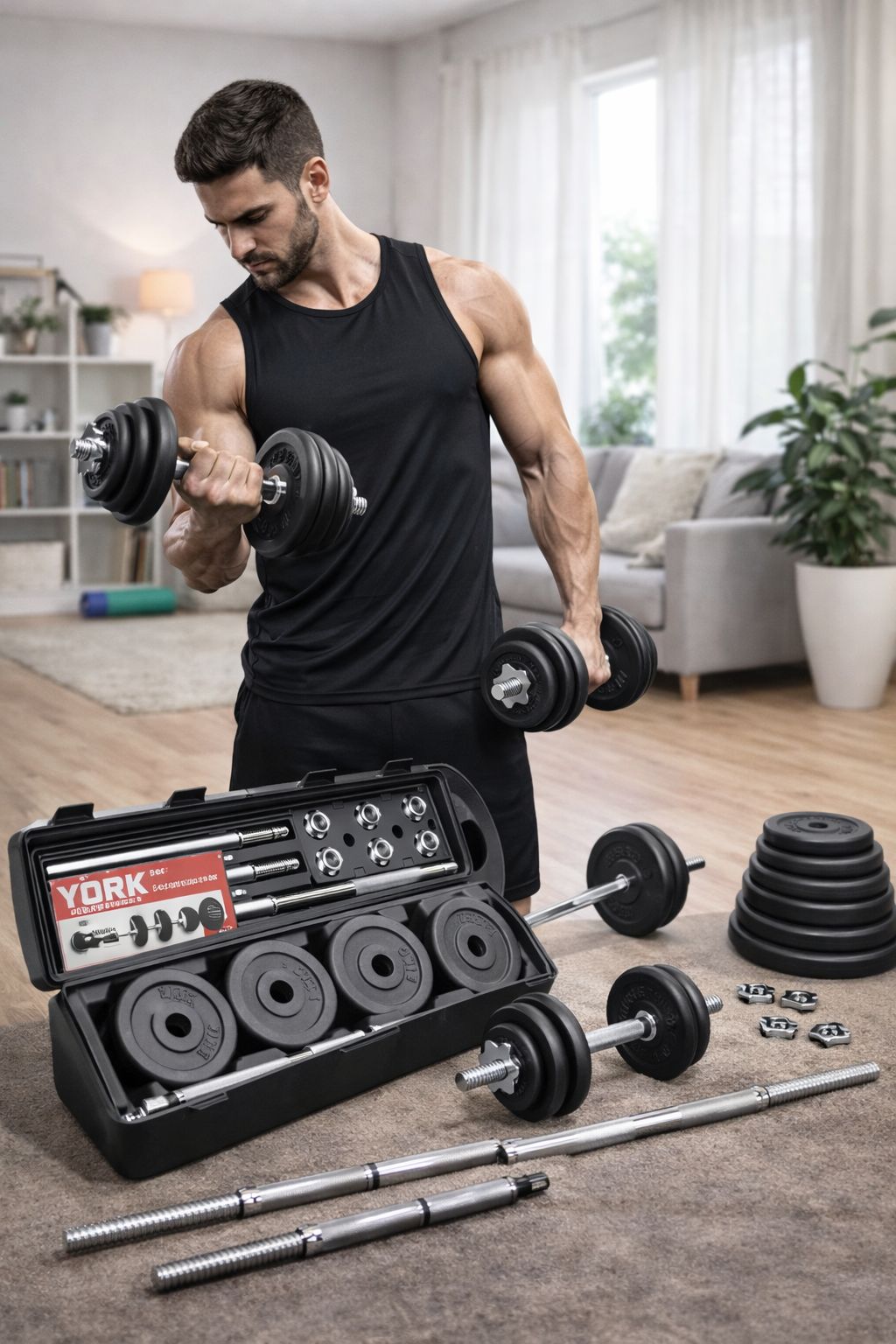 high-conversion style) 50KG York Adjustable Dumbbell Set with Barbell Connector & Storage Case – Complete Home Gym Fitness Weight Training Kit (York)