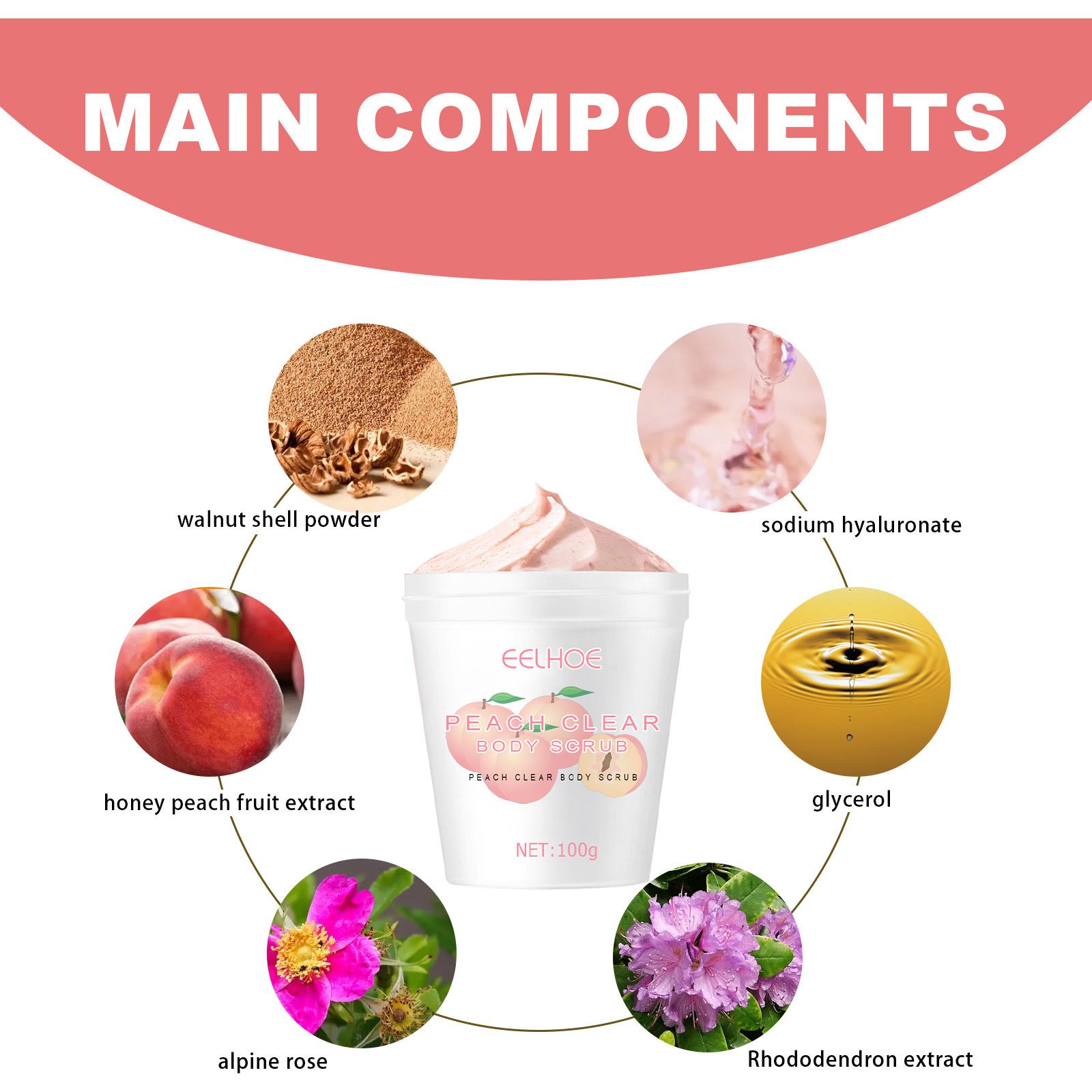 Peach Leg Keratin Removal Cream Moisturizes, moisturizes, and deeply cleanses rough body skin with exfoliating scrub