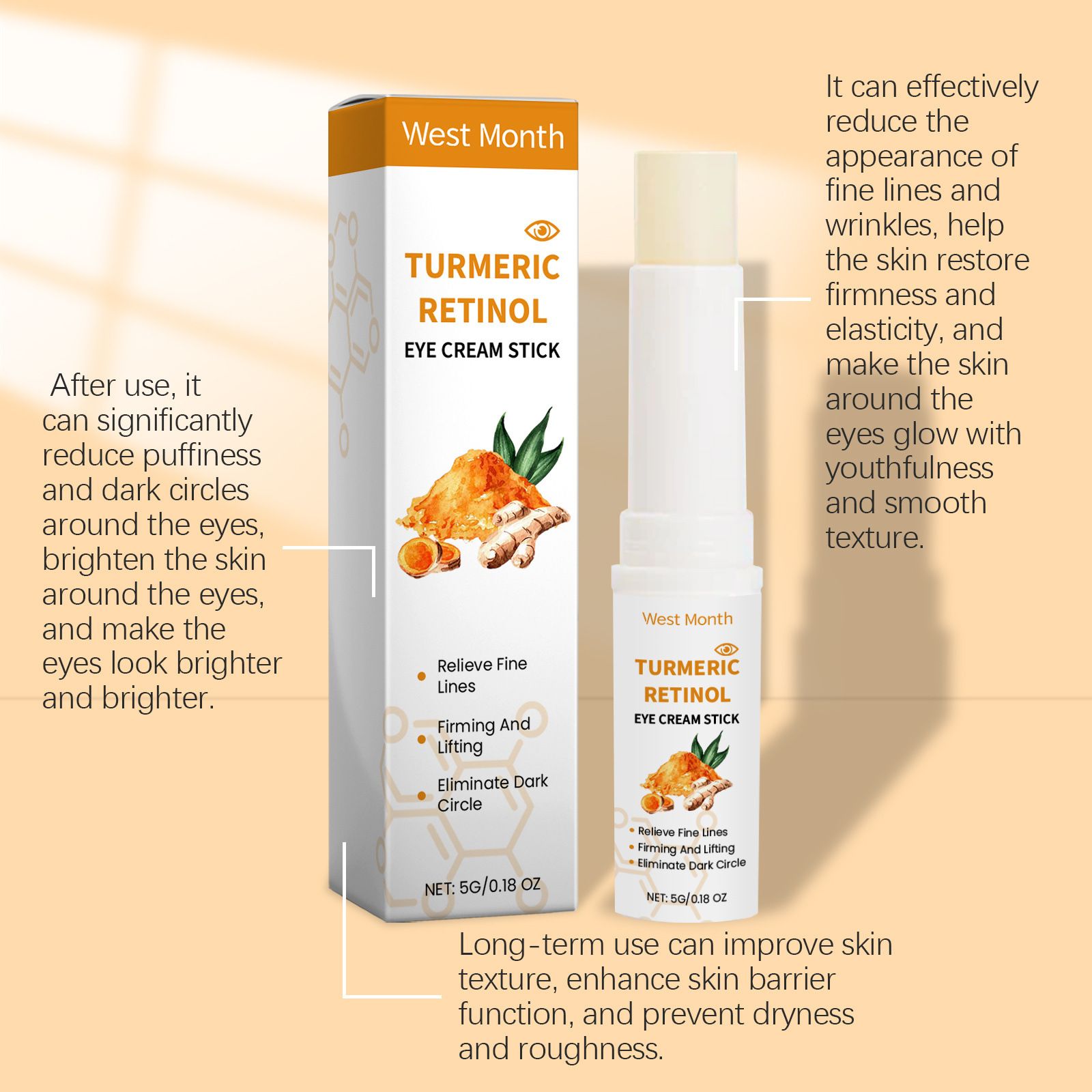WEST MONTH Turmeric Retinol Eye Cream Stick Moisturizes, Nourishes, and Firms the Delicate Skin Around the Eyes for Detailed Eye Care