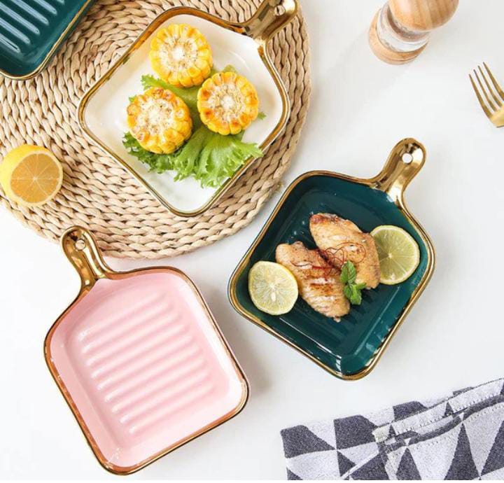 Porcelain Gold ring snack plate with handle-  Elegant and classy, for serving snacks or small bites .