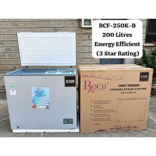 ROCH ⁠(RCF-250-K-B) 200 Litres Chest Freezer - Low noise, Lighting, Adjustable thermostat, Convenient draining tube, Removable basket.