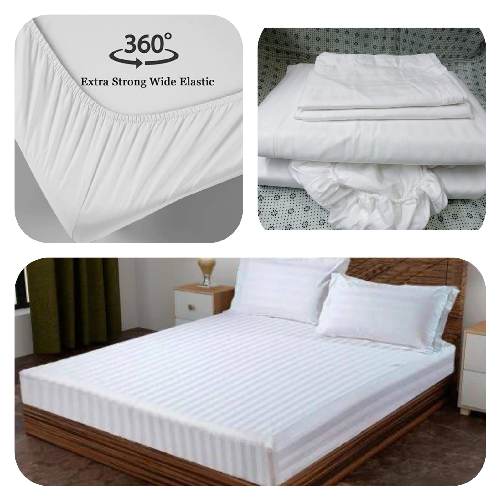 6*7 Classy  5pcs White stripped fitted bedsheets.
