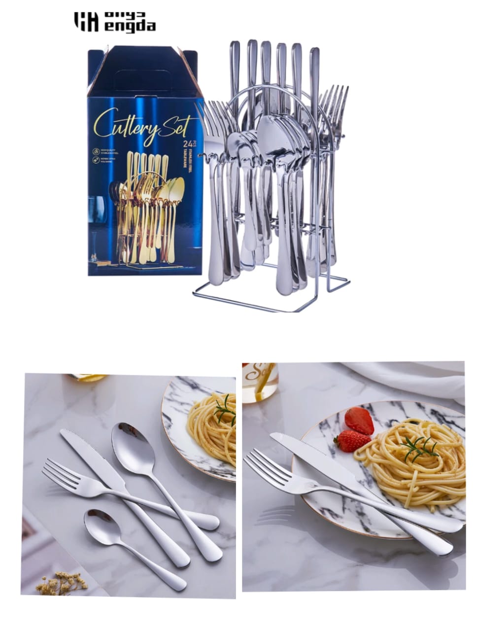 24pcs Flatware Sets,Stainless Steel Cutlery Set, Spoons Forks Knives, Modern Design.With the set comes a stand that has been designed with a silver finish.