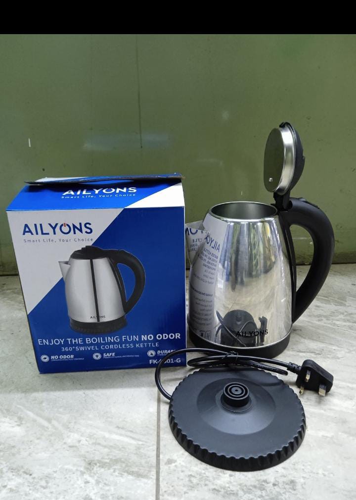 AILYONS Cordless Stainless Steel Electric Kettle 1.8 Litres. Upgrade your kitchen with this cordless electric kettle. It boils water 85% more efficient than stove-top kettle.  Automatic shut-off