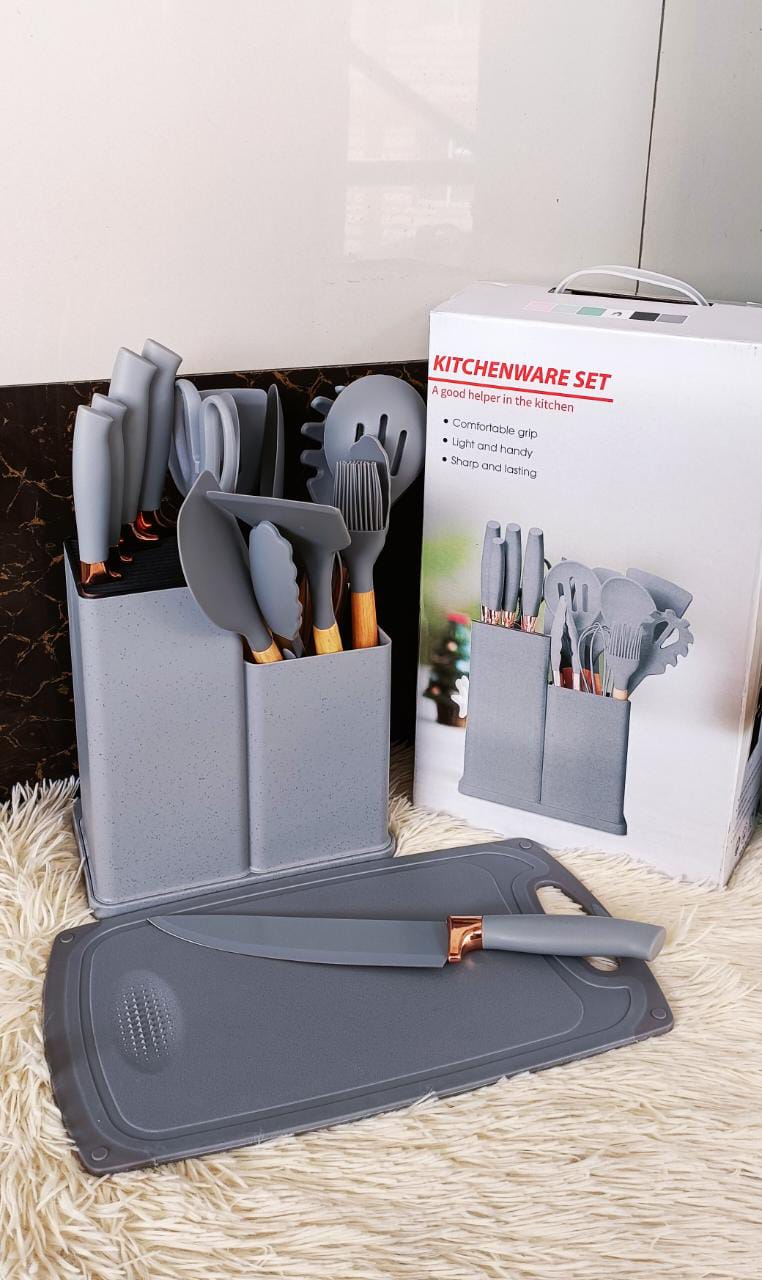 SPECIAL OFFER! 19PCs Set of Wood Spoon And Knife Set - Includes Chopping Board. Elevate your culinary experience with our Premium 19-Piece Silicone Kitchen Utensil Set with Wooden Handle