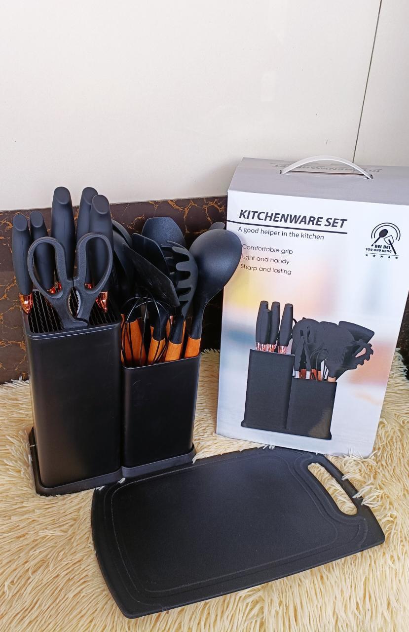 SPECIAL OFFER! 19PCs Set of Wood Spoon And Knife Set - Includes Chopping Board. Elevate your culinary experience with our Premium 19-Piece Silicone Kitchen Utensil Set with Wooden Handle