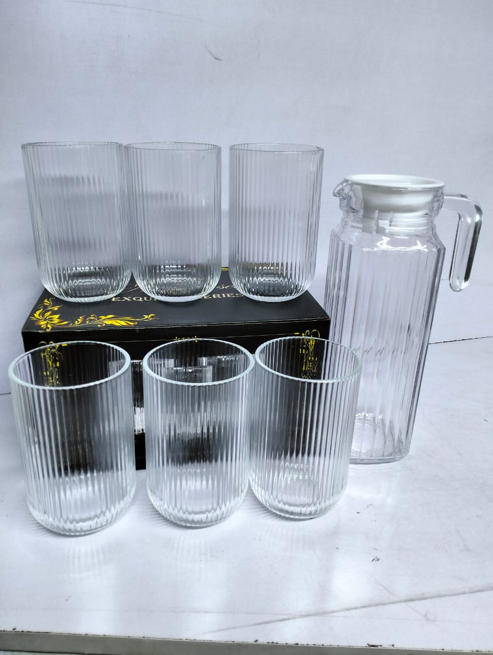7pc Water Set Water sets 1.7 ltrs luminarc jug and 6 pcs diamond glasses. The Water Glasses and Jug are Stylish, strong, durable, and a nice addition to any situation. Give them as a gift to your fam
