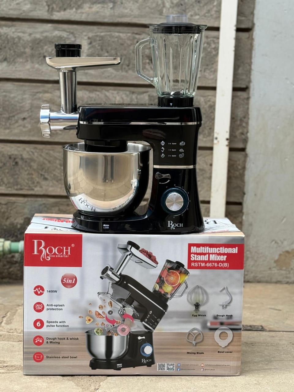 HOT DEALS !! Roch 5 in 1 multifunctional Stand Mixer and hand mixer Stainless Steel Bowl, 1400w,with Dough Hooks and whisk, Machine 6 Speed Settings. The design emphasizes ease of cleaning