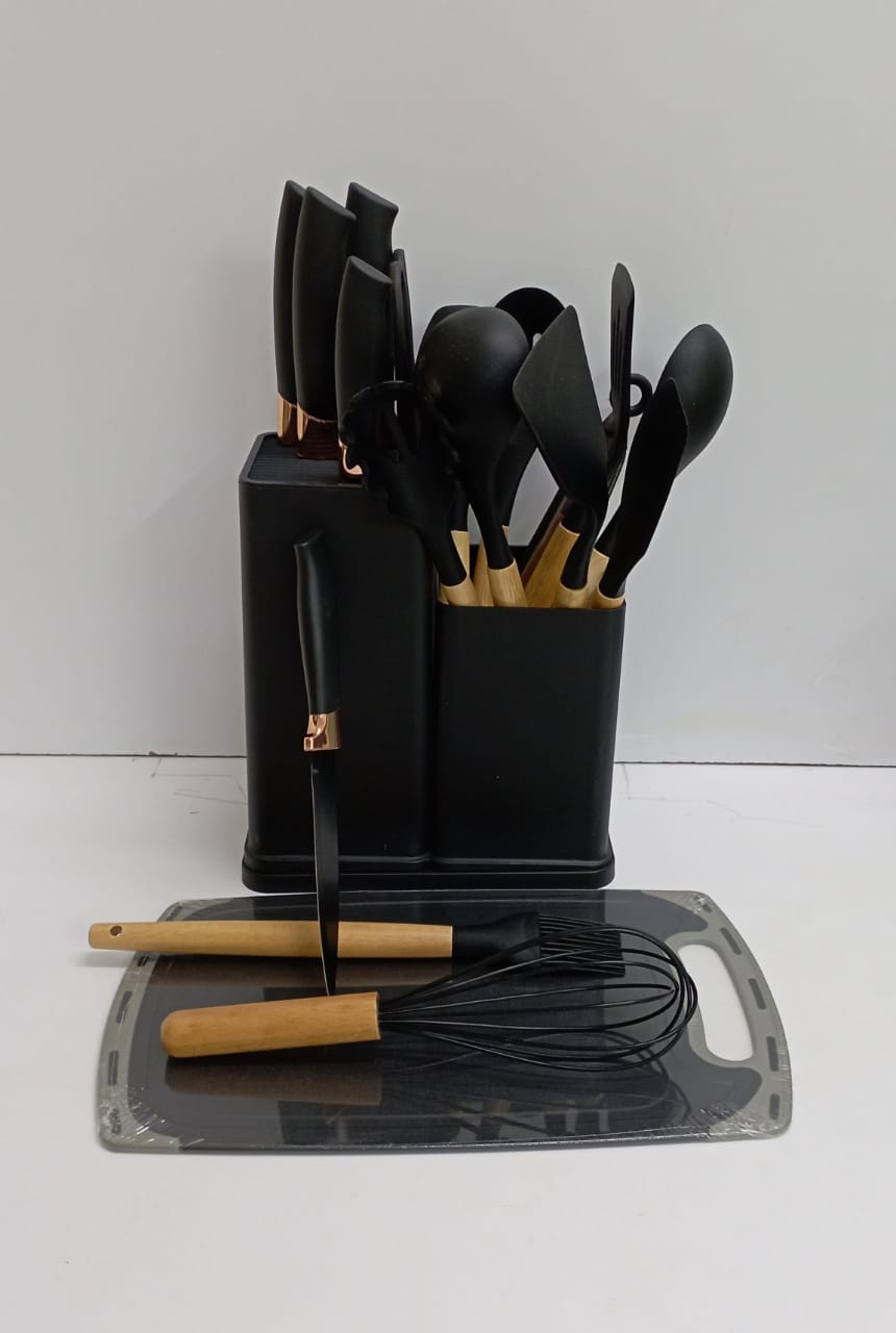 19PC Silicon spoon set + knife set +  Bamboo chopping board