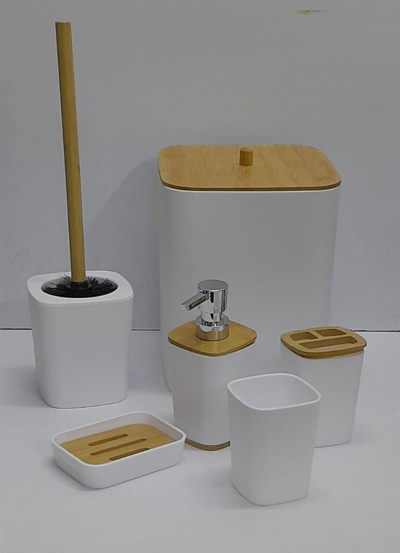 *❇️ BATHROOM ACCESSORIES SET*

*❇️ RECTANGULAR and ROUND IN SHAPE*

*⏯️6 in 1 Bamboo set includes {Toothbrush holder, Soap dispenser, Toilet brush, Trash can....}*

*WHITE, BLACK  available*