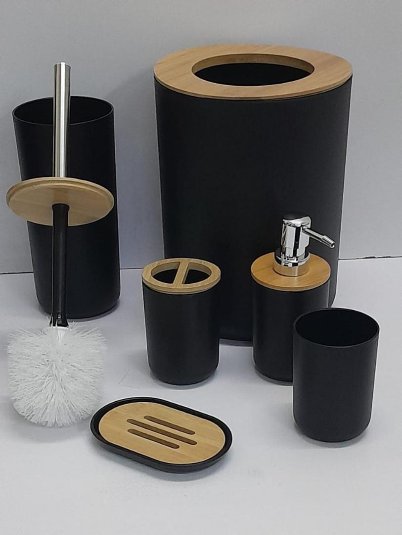 *❇️ BATHROOM ACCESSORIES SET*

*❇️ RECTANGULAR and ROUND IN SHAPE*

*⏯️6 in 1 Bamboo set includes {Toothbrush holder, Soap dispenser, Toilet brush, Trash can....}*

*WHITE, BLACK  available*