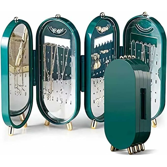 Creative Folding Screen Foldable Jewelry Box With Mirror - Green