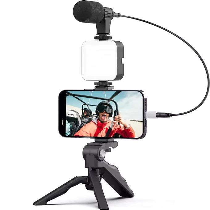 AY-49 Smartphone Video Kit With LED Light, Tripod Stand, And Microphone For Vlogging