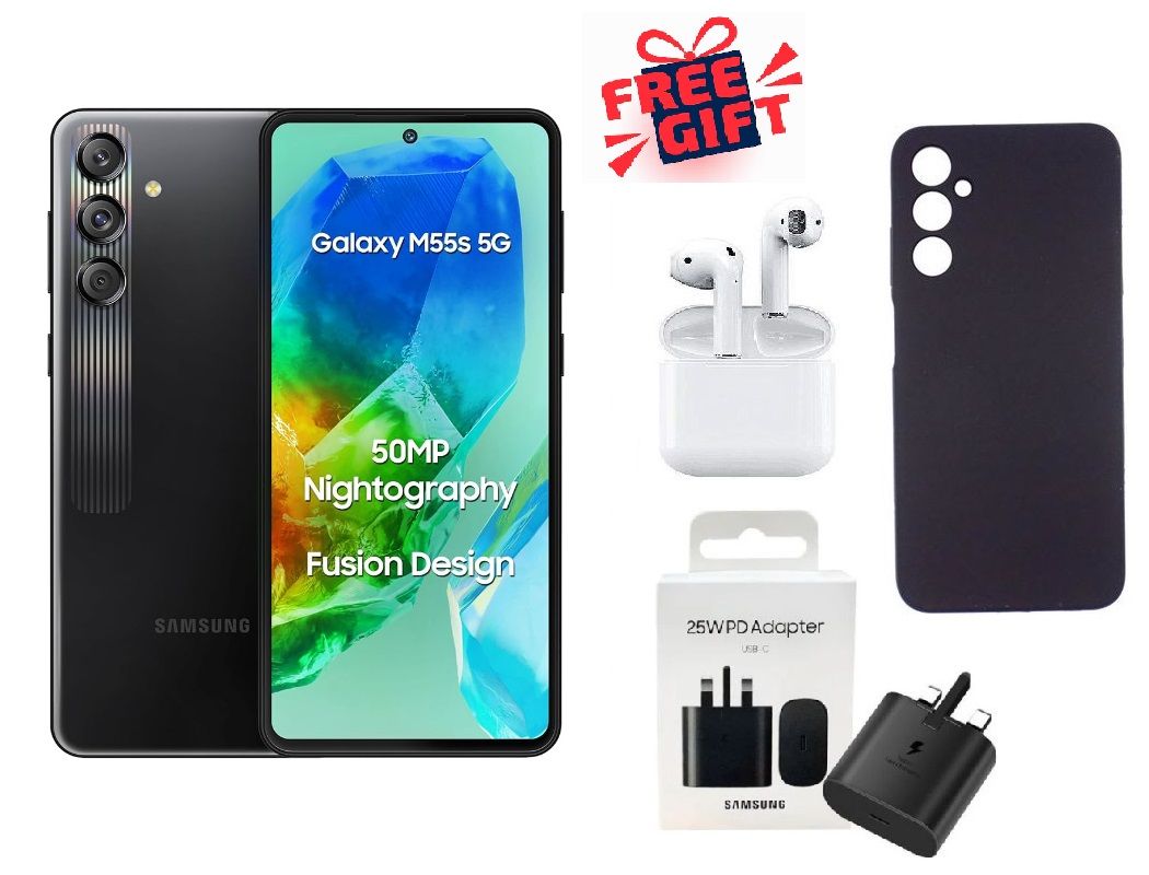 FREE GIFTS!! Samsung Galaxy M55s 5G Thunder Black ,Cover + Airpods + Charging Header