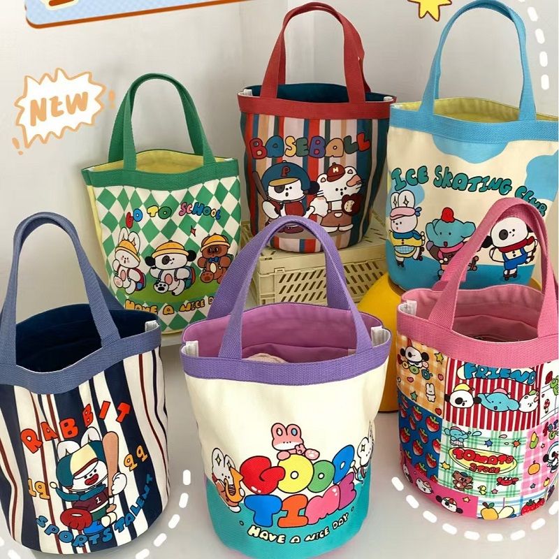 Canvas Bucket Bag Cute Graffiti Children's Fun Illustration Carrying Round Bucket Mommy Bag Bento Bag Work Small Bag The Whole Network Quality First Service First Price Lowest