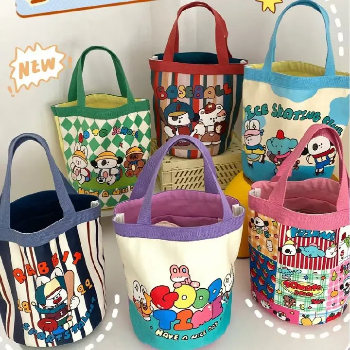 Canvas Bucket Bag Cute Graffiti Children's Fun Illustration Carrying Round Bucket Mommy Bag Bento Bag Work Small Bag The Whole Network Quality First Service First Price Lowest