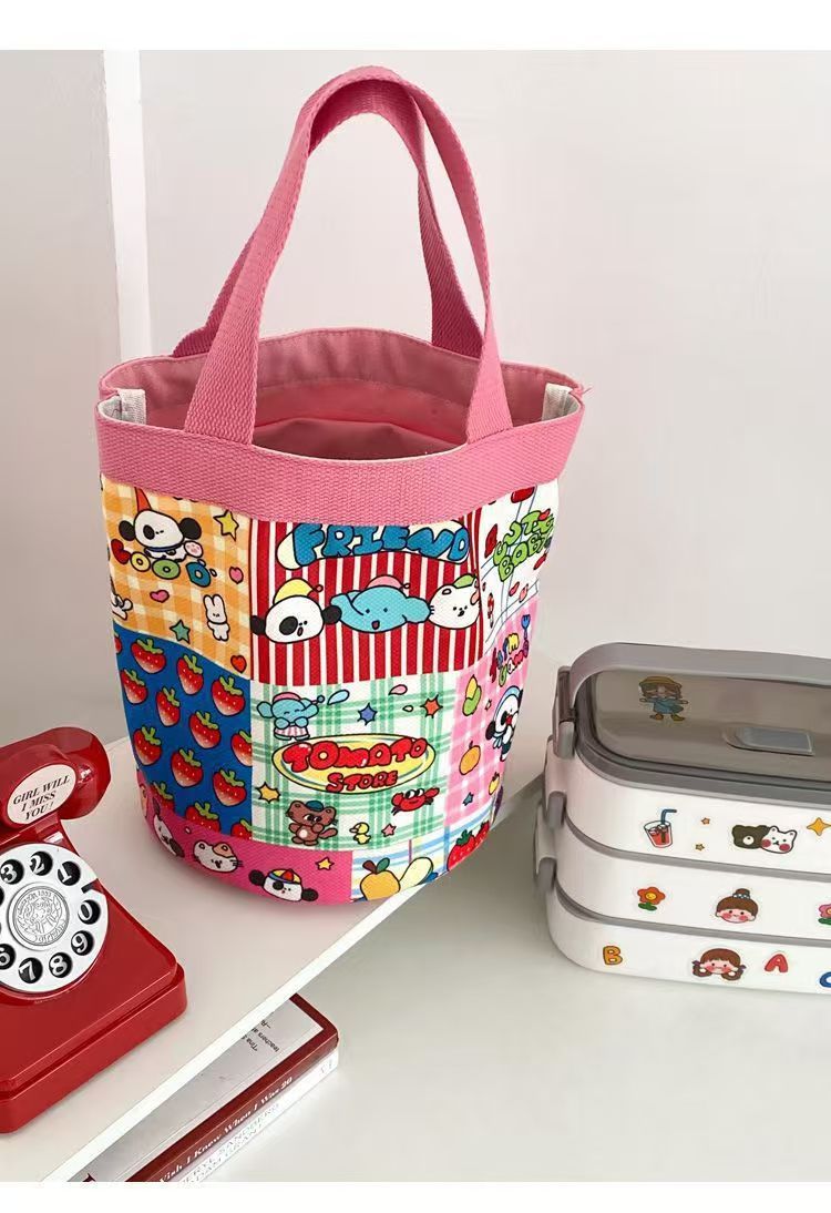 Canvas Bucket Bag Cute Graffiti Children's Fun Illustration Carrying Round Bucket Mommy Bag Bento Bag Work Small Bag The Whole Network Quality First Service First Price Lowest