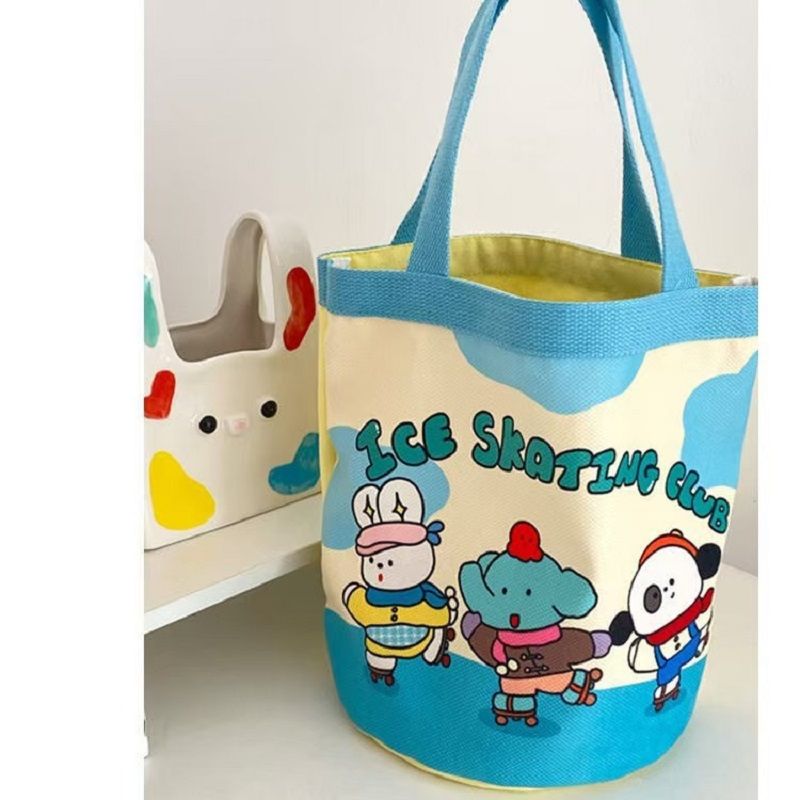 Canvas Bucket Bag Cute Graffiti Children's Fun Illustration Carrying Round Bucket Mommy Bag Bento Bag Work Small Bag The Whole Network Quality First Service First Price Lowest