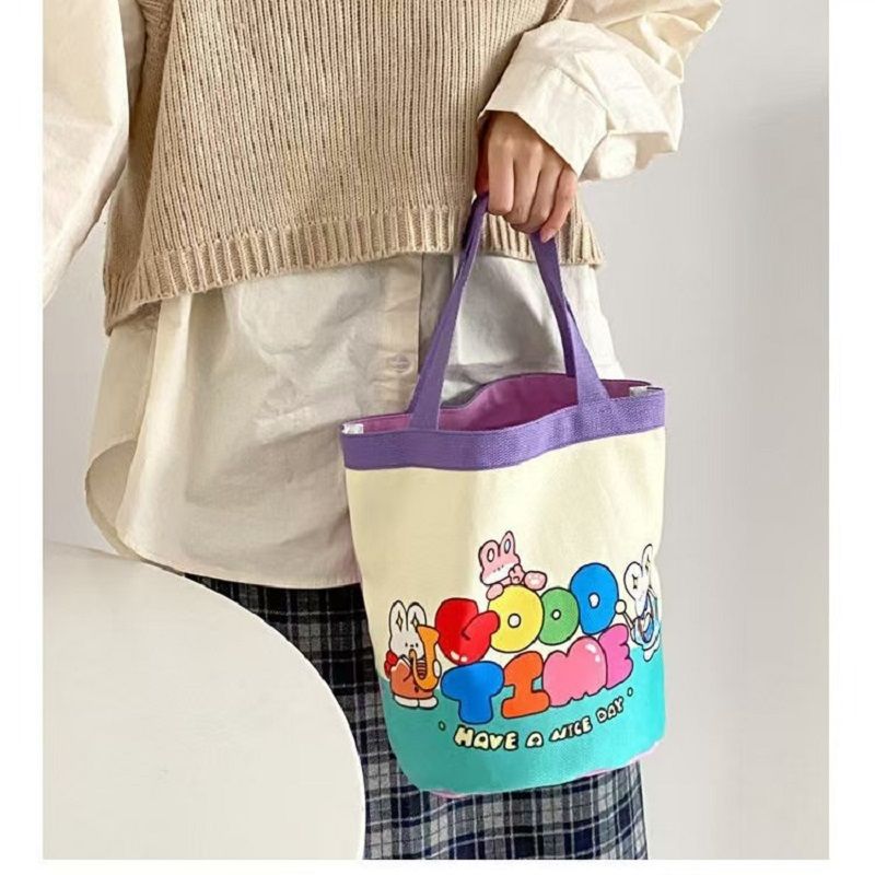 Canvas Bucket Bag Cute Graffiti Children's Fun Illustration Carrying Round Bucket Mommy Bag Bento Bag Work Small Bag The Whole Network Quality First Service First Price Lowest