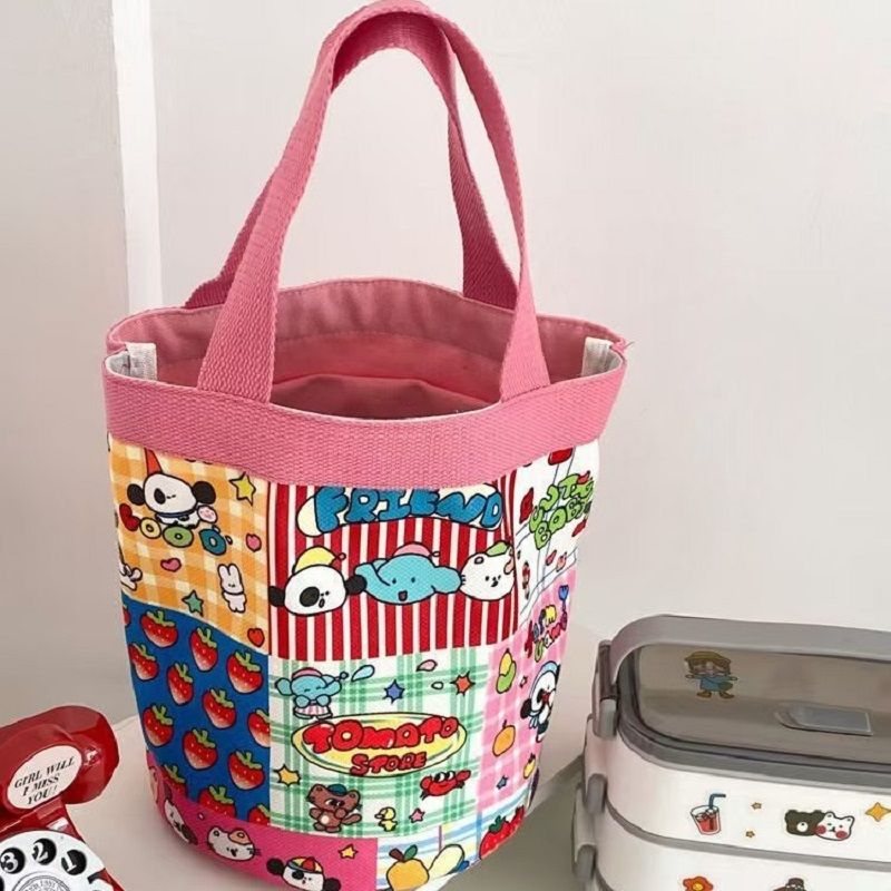 Canvas Bucket Bag Cute Graffiti Children's Fun Illustration Carrying Round Bucket Mommy Bag Bento Bag Work Small Bag The Whole Network Quality First Service First Price Lowest