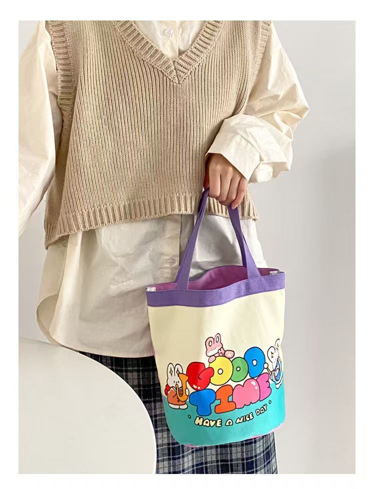 Canvas Bucket Bag Cute Graffiti Children's Fun Illustration Carrying Round Bucket Mommy Bag Bento Bag Work Small Bag The Whole Network Quality First Service First Price Lowest