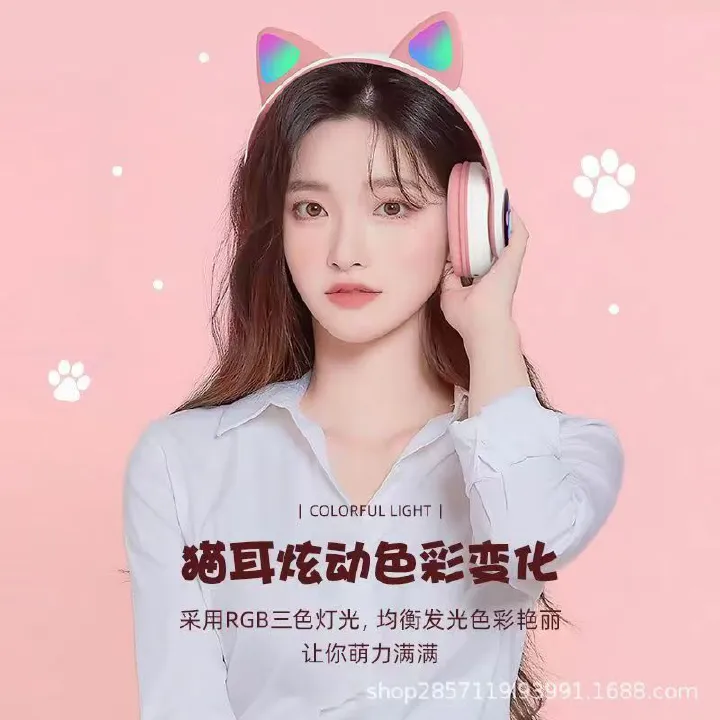 The New Luminous Cat Ear Bluetooth Headset Wireless Headphone STN-28 Cross-border Explosive Cute Direct Sales From Manufacturers Flash Light Cute Cat Ears Bluetooth Wireless Headphone with Mic