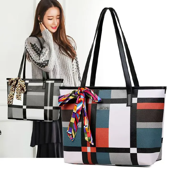 2025 New Women's Bag Color Contrast Tote Bag Simple Plaid Single Shoulder Bag Large Capacity Commuter Leisure Handbag Whole Network Quality First Service First Price Lowest