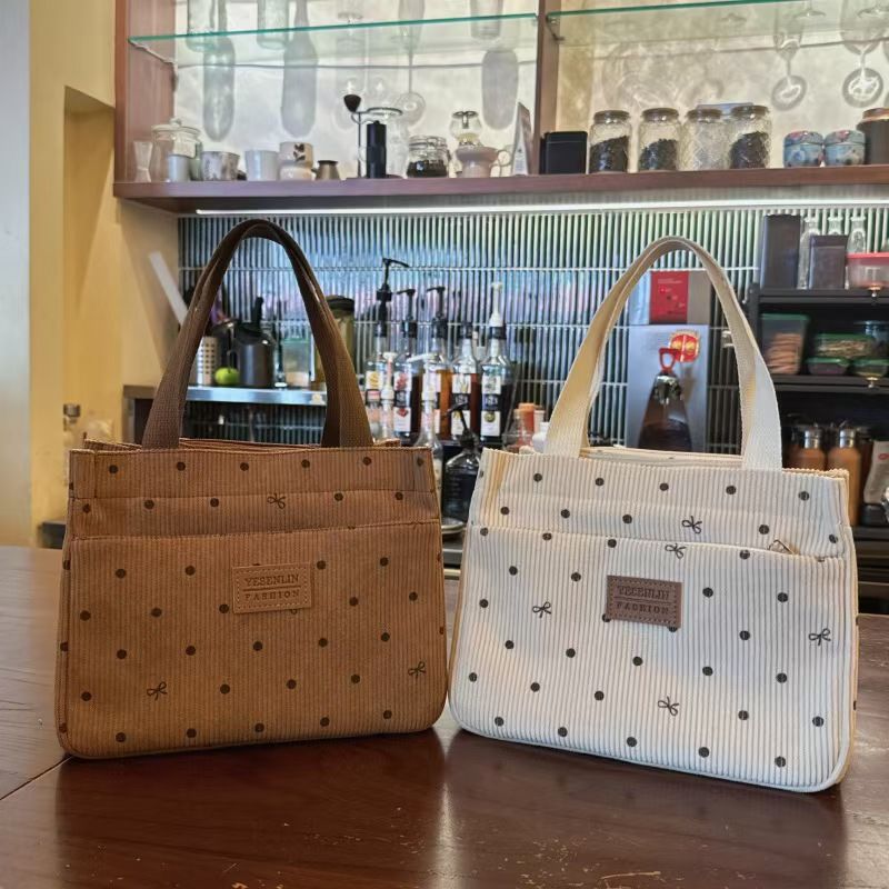 Fashionable Polka Dot Bow Tie Corduroy Handbag - Ideal For Office Workers With Large Capacity For Convenient Carry When Going Out Perfect For Mom's Lunch Box The Highest Quality Available Online.