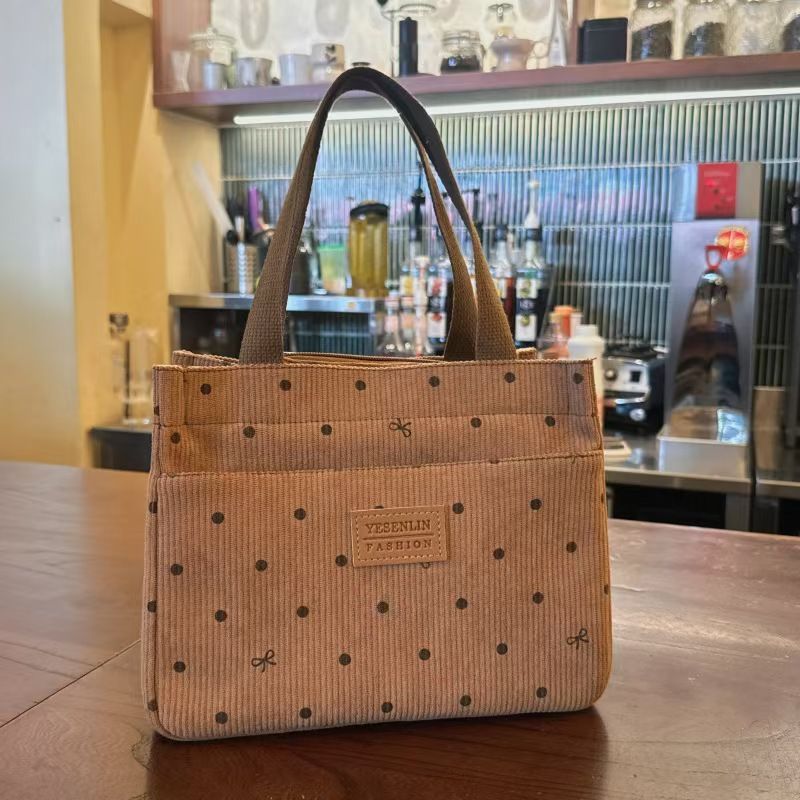 Fashionable Polka Dot Bow Tie Corduroy Handbag - Ideal For Office Workers With Large Capacity For Convenient Carry When Going Out Perfect For Mom's Lunch Box The Highest Quality Available Online.