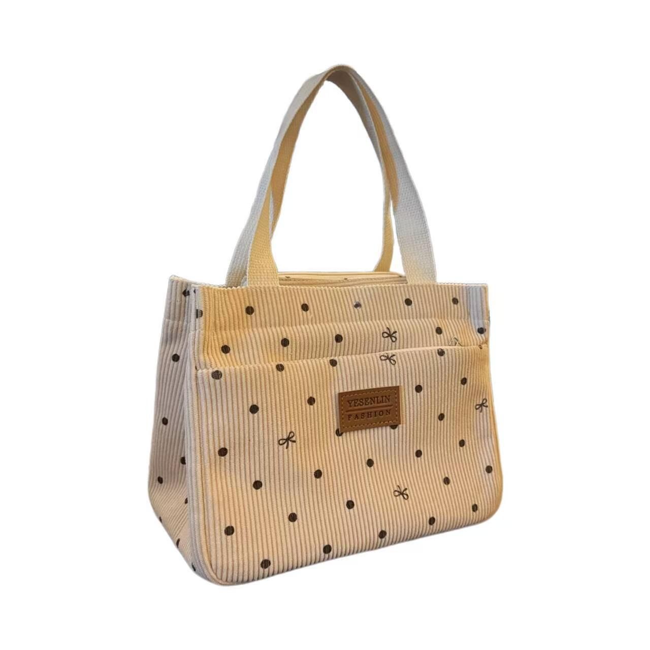 Fashionable Polka Dot Bow Tie Corduroy Handbag - Ideal For Office Workers With Large Capacity For Convenient Carry When Going Out Perfect For Mom's Lunch Box The Highest Quality Available Online.
