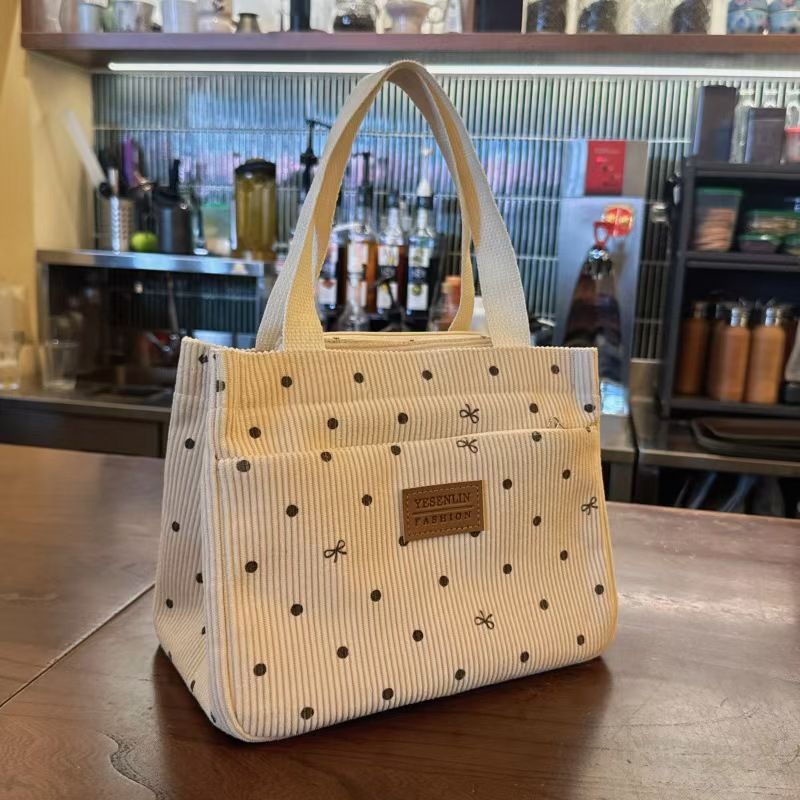 Fashionable Polka Dot Bow Tie Corduroy Handbag - Ideal For Office Workers With Large Capacity For Convenient Carry When Going Out Perfect For Mom's Lunch Box The Highest Quality Available Online.