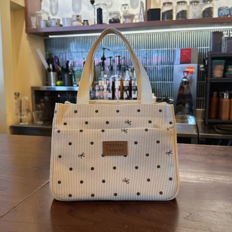 Fashionable Polka Dot Bow Tie Corduroy Handbag - Ideal For Office Workers With Large Capacity For Convenient Carry When Going Out Perfect For Mom's Lunch Box The Highest Quality Available Online.