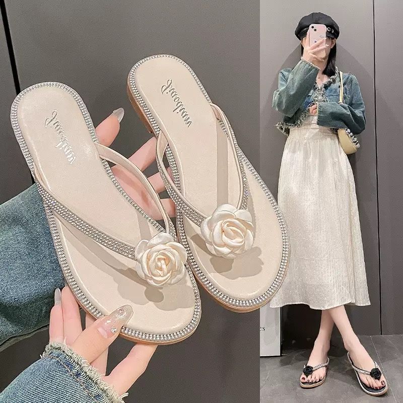 New Arrival  Fashion Women’s Sandals  Open Shoes Low Heels Flat Bottom  Slippers Ladies  Shining Flowers Daily Shoes Girls Sandals