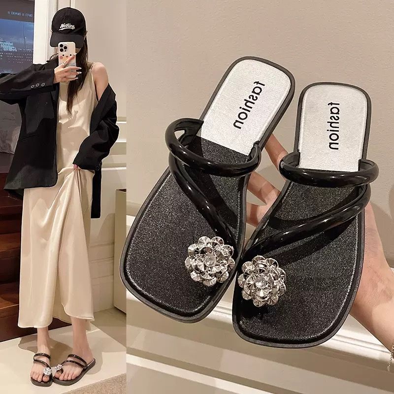 New Arrival Fashion Women’s Sandals Open Shoes Low Heels Flat Bottom Slippers Ladies Shining Flowers Daily Shoes Girls Sandals
