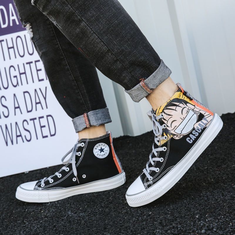 High-top canvas Women Men Boys Girls Unisex Shoes ONE PIECE Luffy Black Shoes Sudent Sneakers Spring summer versatile student ins Luffy shoes hot-selling sneakers trend