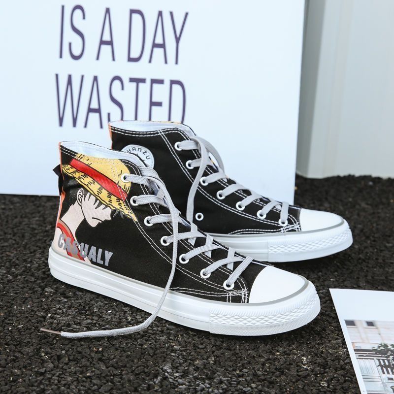 High-top canvas Women Men Boys Girls Unisex Shoes ONE PIECE Luffy Black Shoes Sudent Sneakers Spring summer versatile student ins Luffy shoes hot-selling sneakers trend