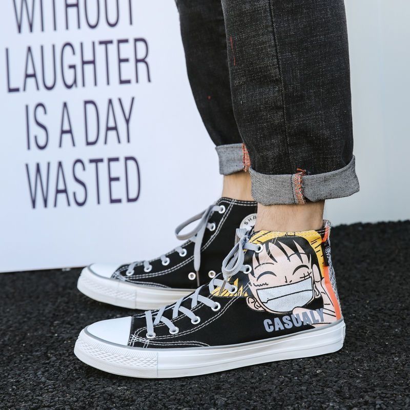 High-top canvas Women Men Boys Girls Unisex Shoes ONE PIECE Luffy Black Shoes Sudent Sneakers Spring summer versatile student ins Luffy shoes hot-selling sneakers trend