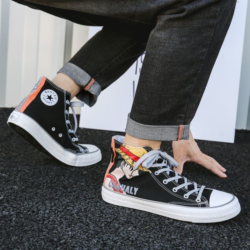 High-top canvas Women Men Boys Girls Unisex Shoes ONE PIECE Luffy Black Shoes Sudent Sneakers Spring summer versatile student ins Luffy shoes hot-selling sneakers trend