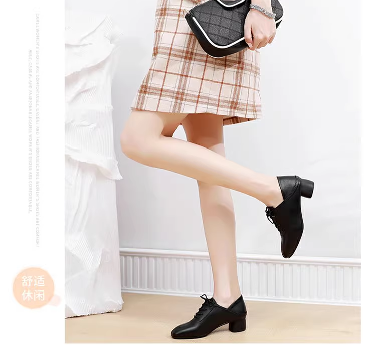 Women Shoes with middle heels Soft soled Waterproof water Black shoes frenulum leather shoes Light and comfortable leisure shoes Business shoes Oxfords