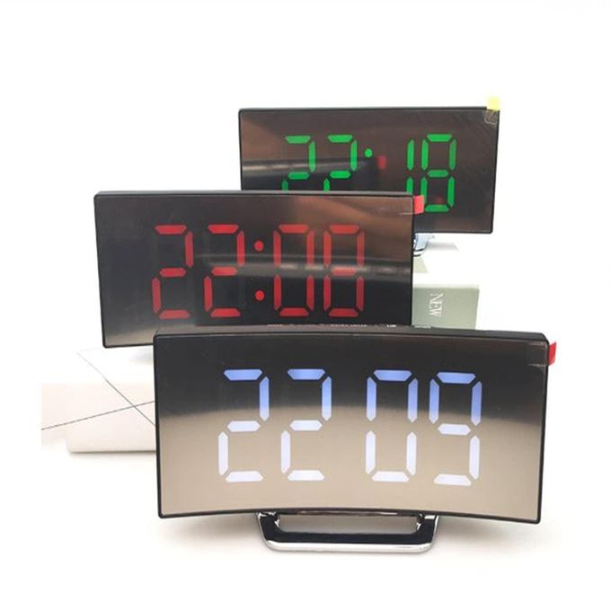 Digital Alarm Clock for Bedrooms / Bedside Mirror Clock with Modern Curved Design / 2 Brightness, 12/24H, Snooze, USB Power Supply / Power-Off Memory