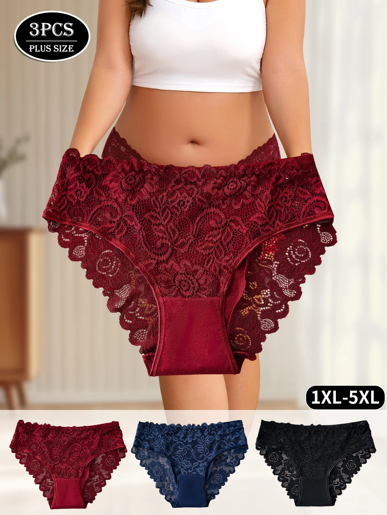 3PCS Plus-Size Elegant Women's Underwear Hollow Floral Embroidery Lace Sexy Panties Solid Color Briefs High Quality Lingerie