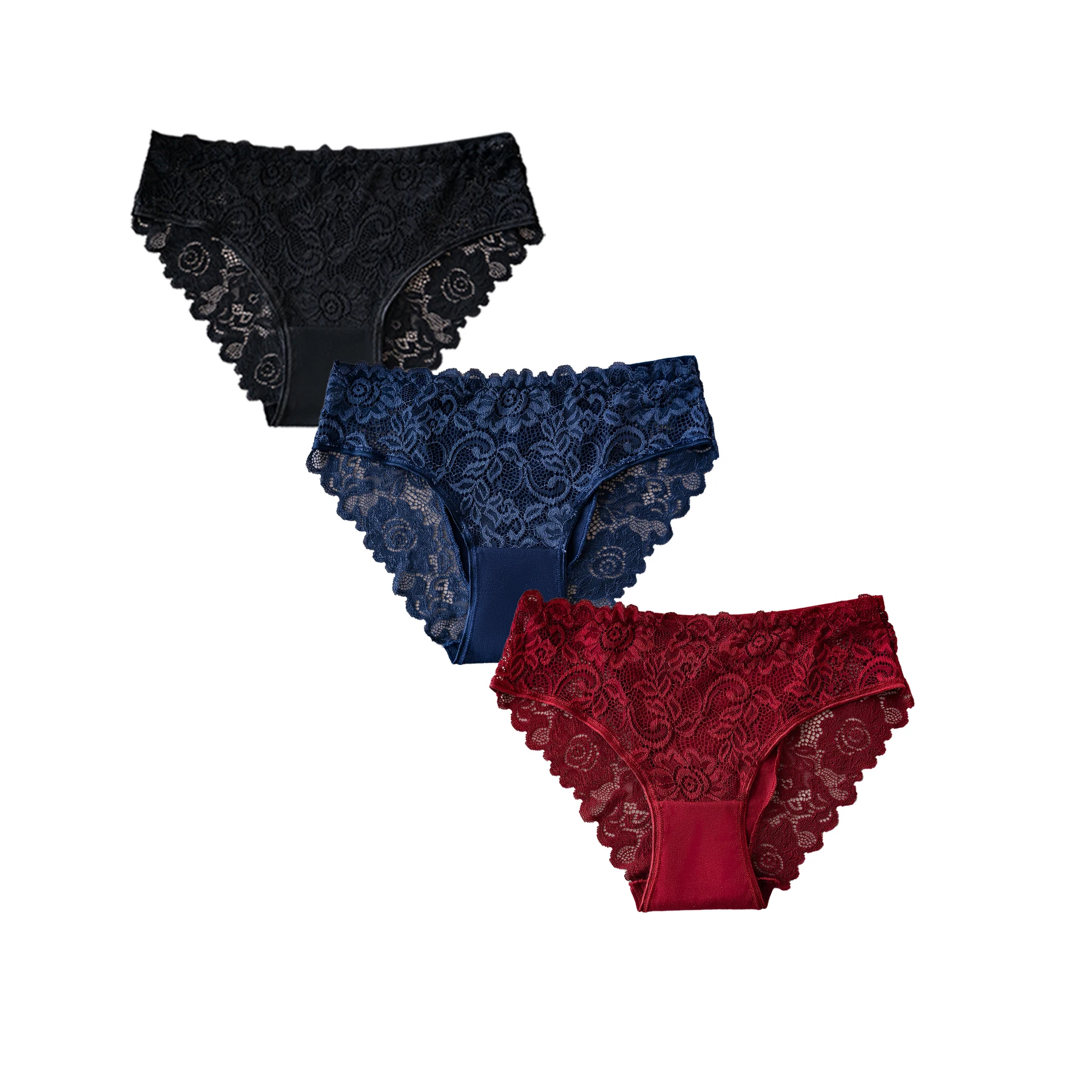 3PCS Plus-Size Elegant Women's Underwear Hollow Floral Embroidery Lace Sexy Panties Solid Color Briefs High Quality Lingerie