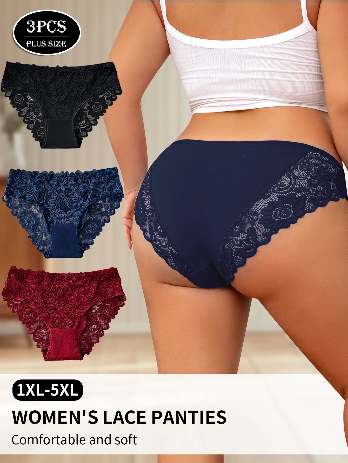 3PCS Plus-Size Elegant Women's Underwear Hollow Floral Embroidery Lace Sexy Panties Solid Color Briefs High Quality Lingerie