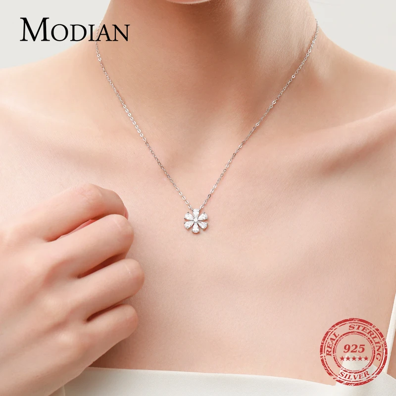 925 Sterling Silver Sparkling Lucky Flower Pendant Necklace for Women Luxury Drop Zirconia Female Wedding Fine Jewelry