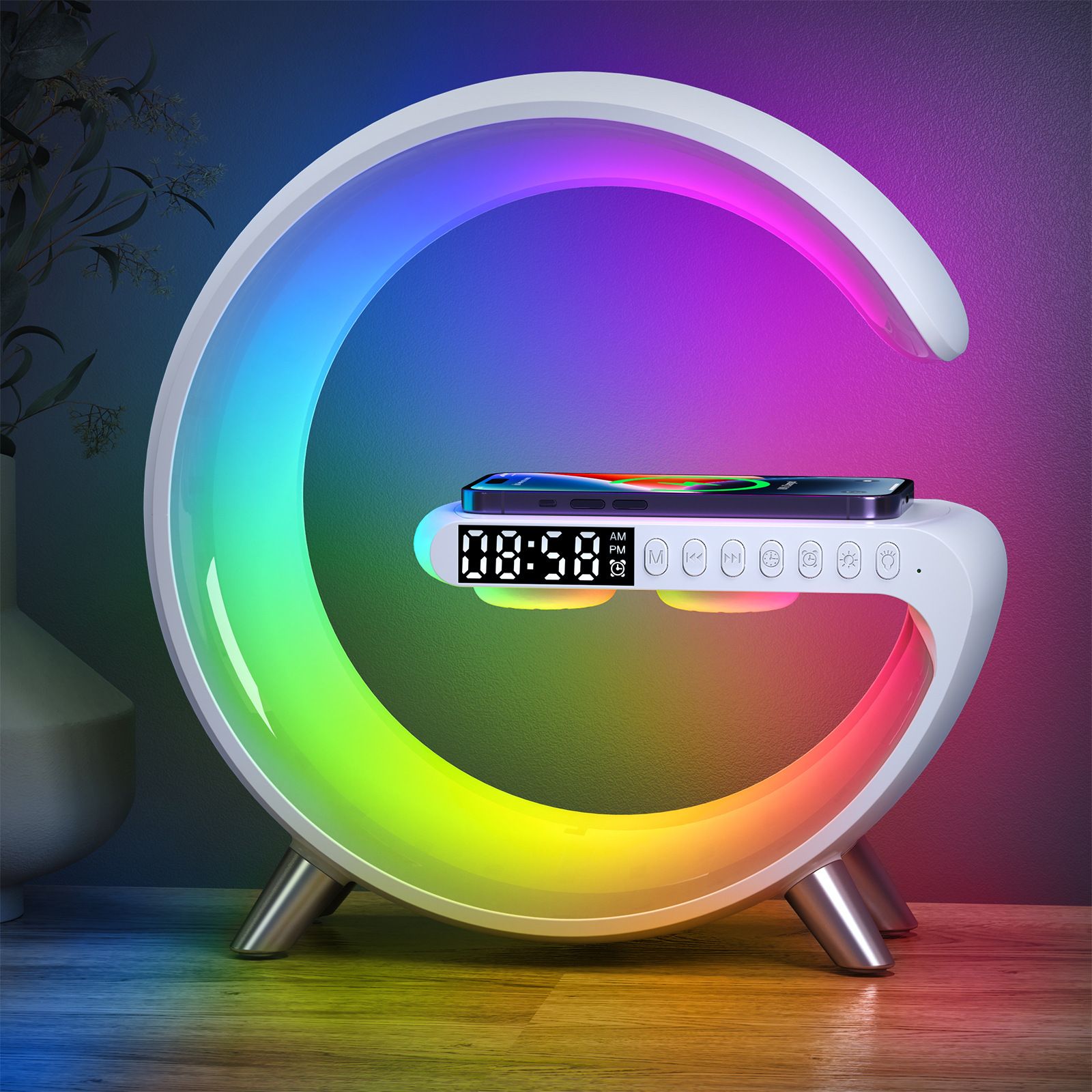 Multi functional Bluetooth speaker alarm LED clock Multiple adjustable colors Night Light table lamp Mobile phone holder