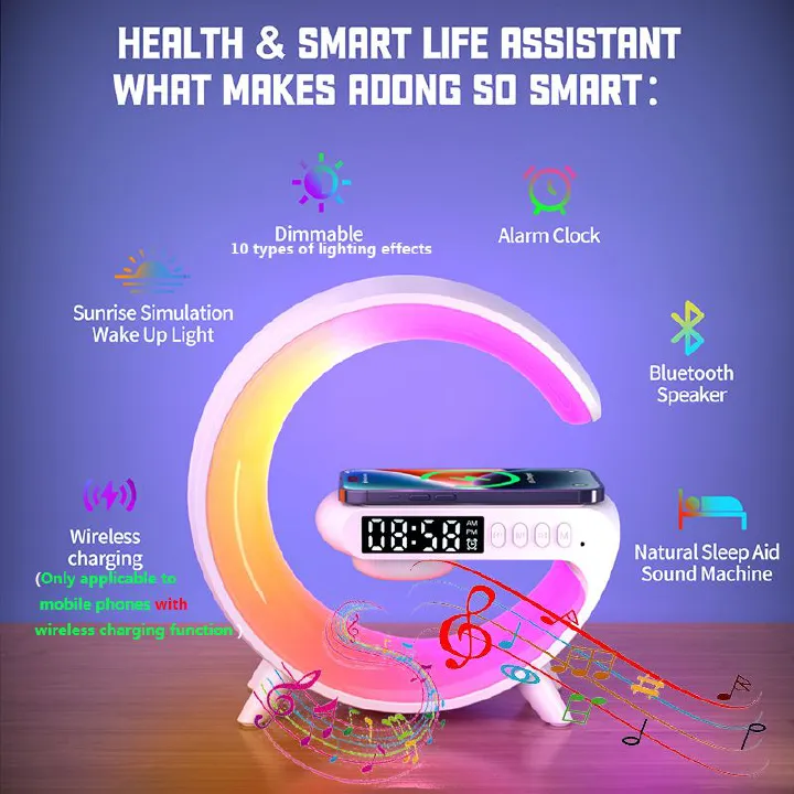 Multi functional Bluetooth speaker alarm LED clock Multiple adjustable colors Night Light table lamp Mobile phone holder