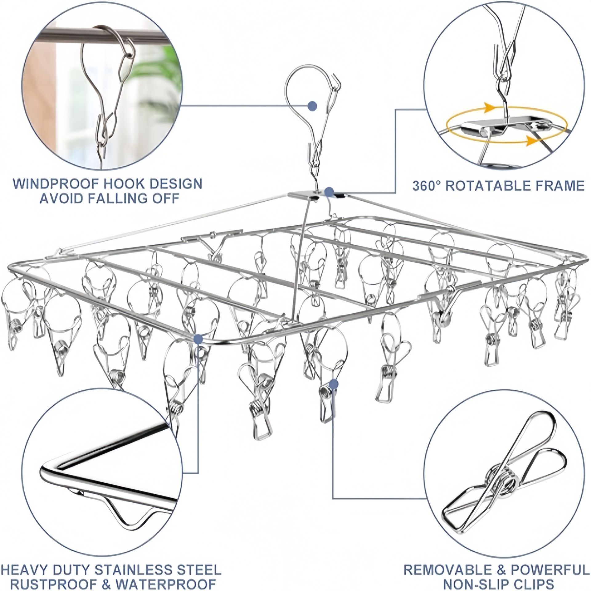 40 clips Stainless Steel Laundry Drying Rack Clothes Hanger with Clips for Drying Socks,Drying Towels, Diapers, Bras, Baby Clothes,Underwear, Socks Gloves