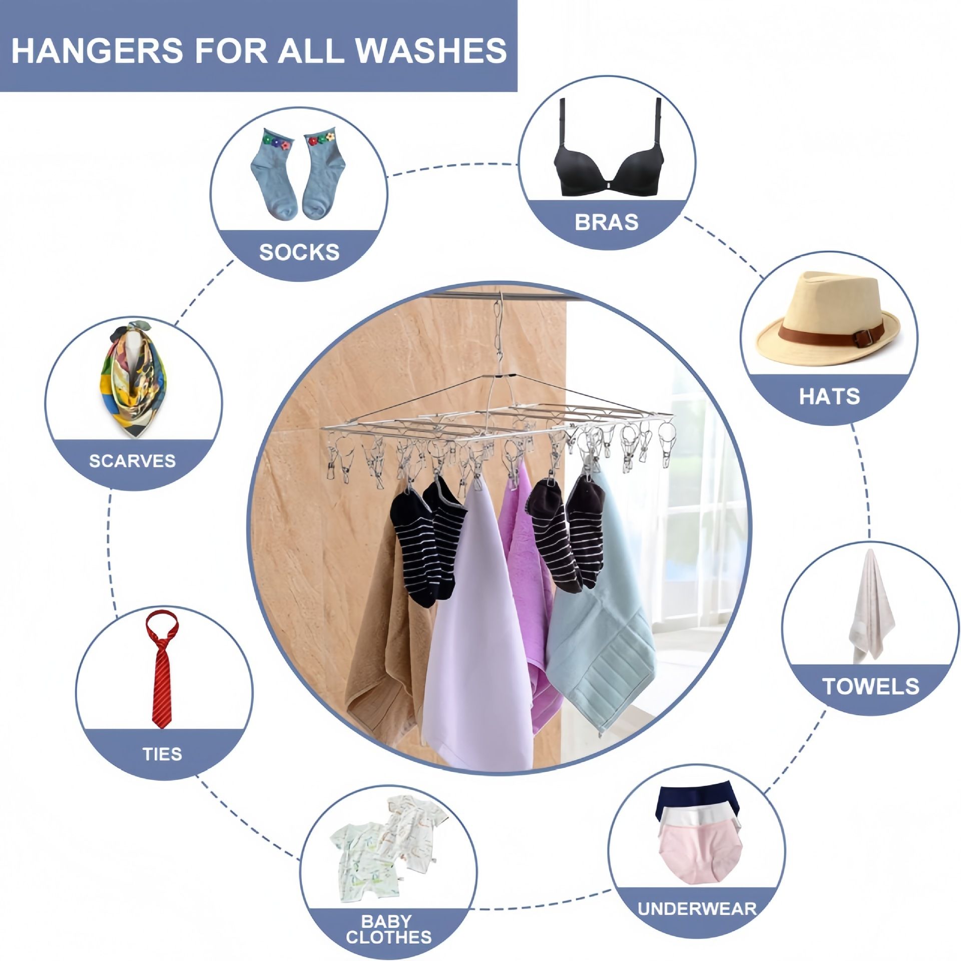 40 clips Stainless Steel Laundry Drying Rack Clothes Hanger with Clips for Drying Socks,Drying Towels, Diapers, Bras, Baby Clothes,Underwear, Socks Gloves