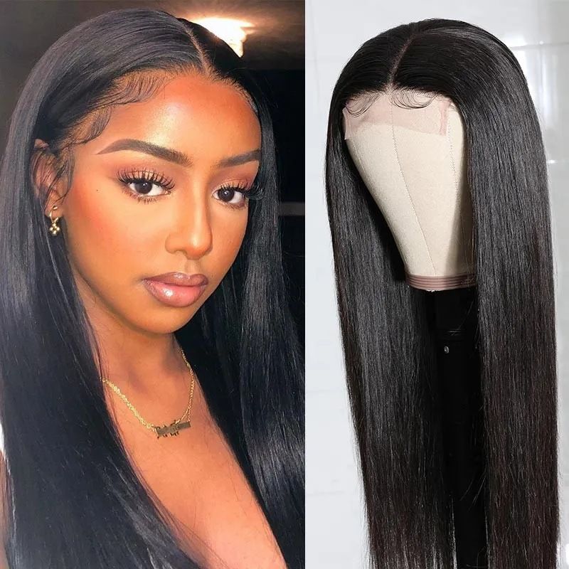 Black straight wigs European American women fashionable wig headgear with split long straight hair